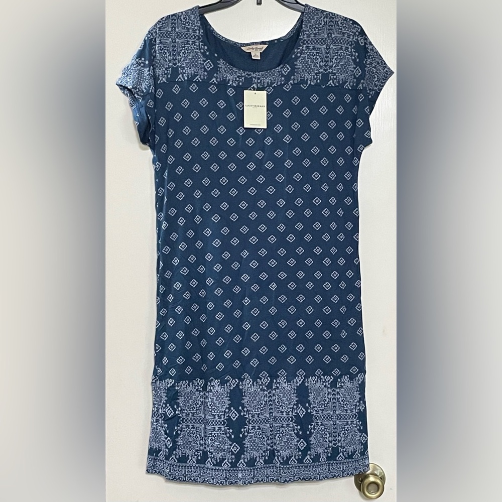 NEW Lucky Brand Blue Boho Print Short Sleeve Tunic T-Shirt Shift Dress Sz S